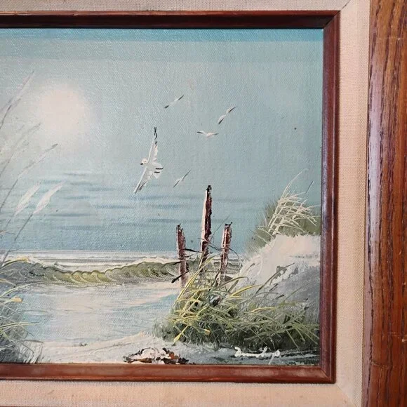 Vtg Original Oil Painting Artist Signed Beach Seascape Scene Seagulls Ocean Wave - Picture 4 of 8